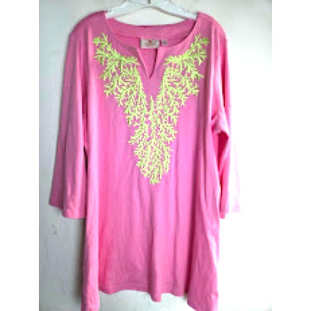 Quacker Factory Pink w/Green Leaf EmbroideryV-Neck 100% Cotton Blouse sz 1X